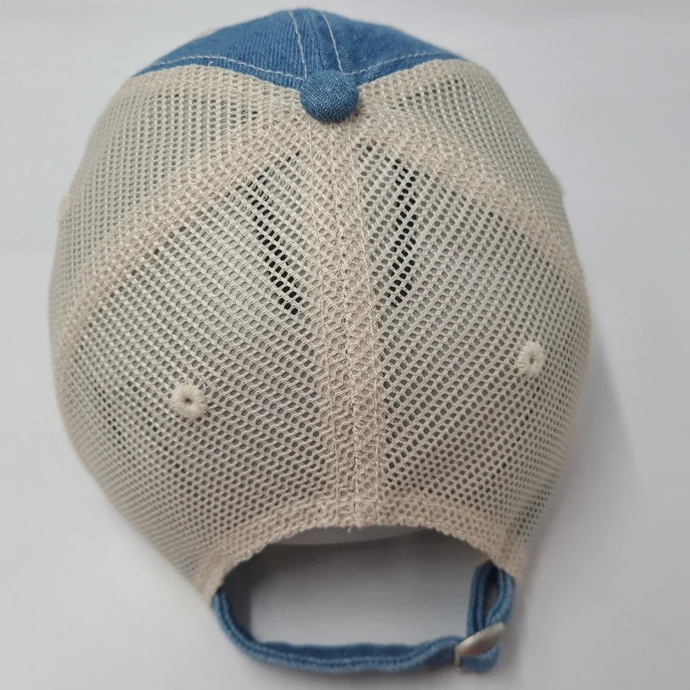 Budweiser Hat Strapback American Eagle Trucker Mesh Blue Beige Distressed Denim